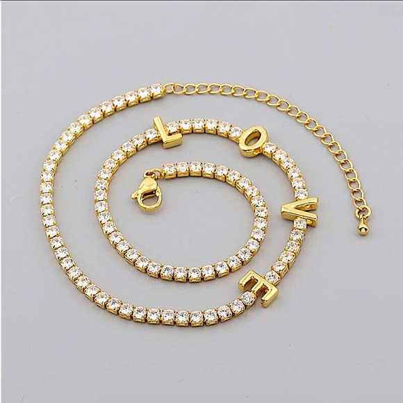 Gold Cubic Zircon Love Letter Choker Tennis Minimalist - Picture 7 of 7